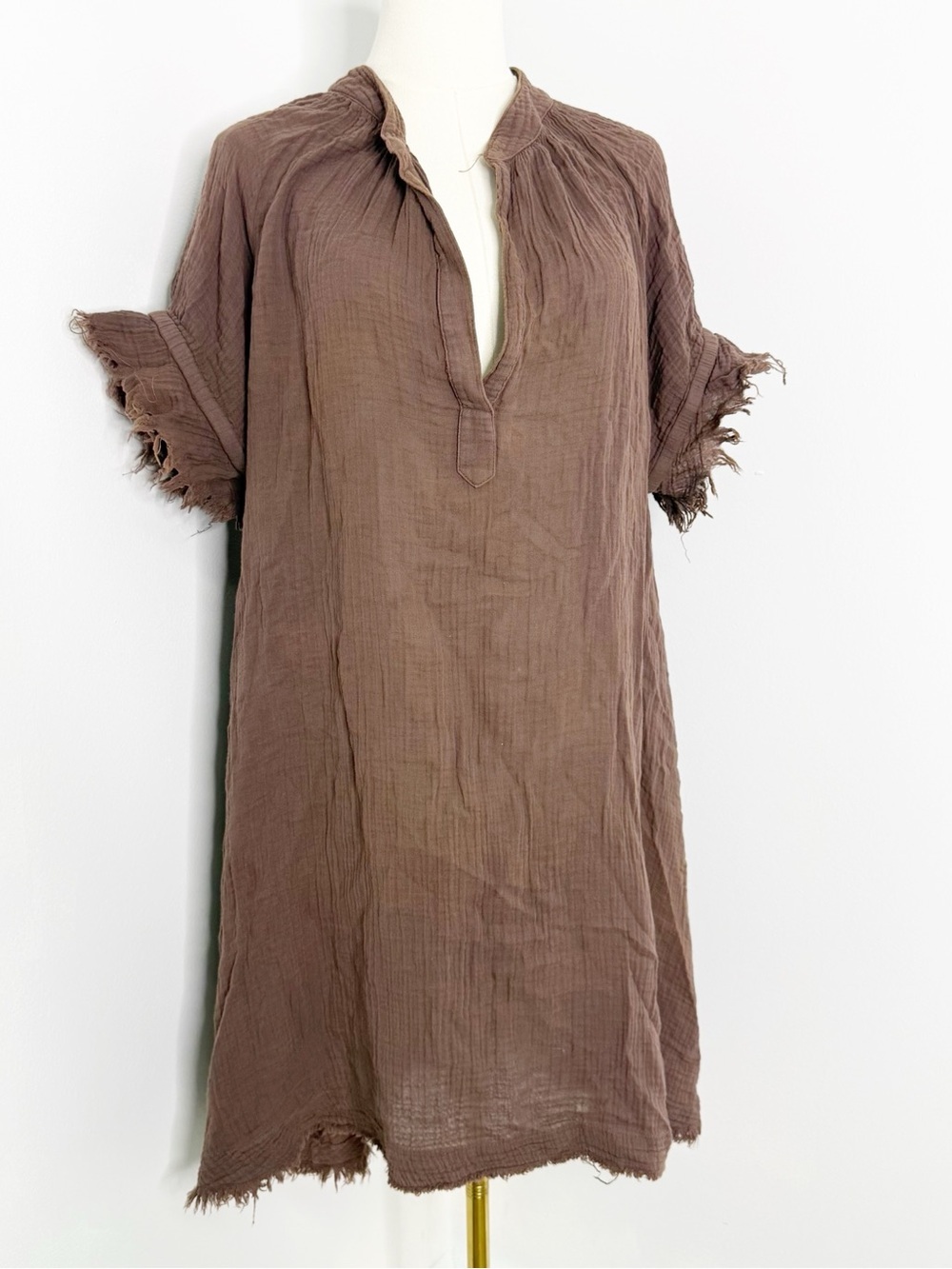 9seed Resort Gauze Tunic Dress Brown Fringe Cotton M/L Made in USA